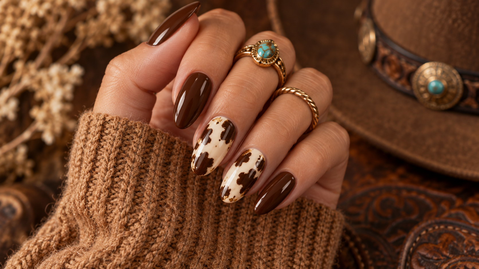 Brown Cowhide Accent Nails